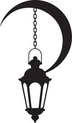 Black silhouette of hanging lantern with crescent moon above