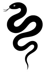 Obraz premium Sleek black silhouette of a winding snake with a flickering tongue. Clean animal graphic representing nature, wildlife, elegance, and symbolic meanings like transformation or danger.