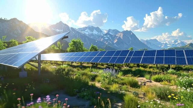 Solar Panels in Mountainous Landscape - Renewable Energy and Sustainability.