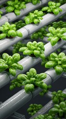 Hydroponic system pipes with nutrient flow and green leaves, sustainable growing concept, studio light, copy space, 8k.