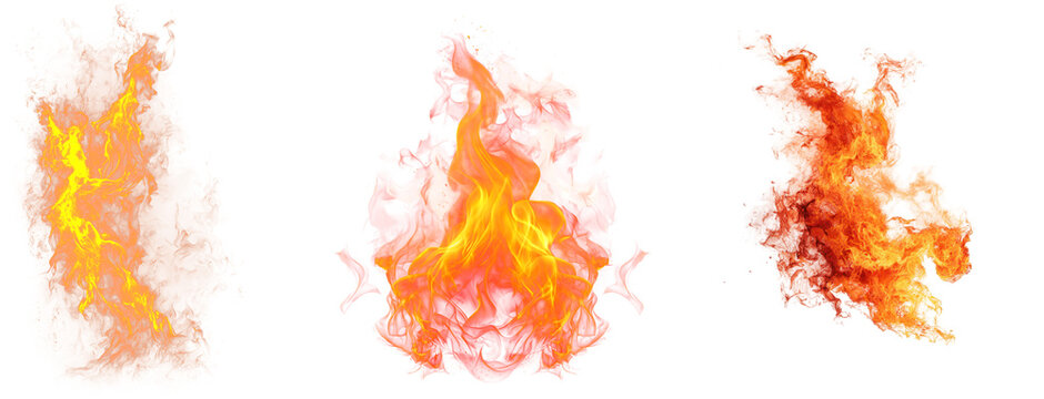 Set of burning fires of flames and sparks on transparent background. For use on light backgrounds. flames burning with large flames creating a fiery border against a white background, perfect