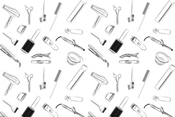 Obraz premium Seamless pattern of black and white hair salon tool icons including hair dryers, scissors, combs, and brushes on a clean white background.