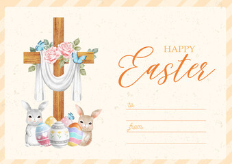 Happy Easter Religious Tag with Wooden Cross and Egg Basket