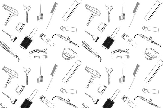 Seamless pattern of black and white hair salon tool icons including hair dryers, scissors, combs, and brushes on a clean white background.