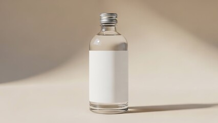 Clear Glass Bottle with Blank Label on Beige Background with Sunlight Shadow.