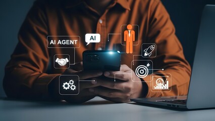 Person using smartphone with A I agent and laptop in background