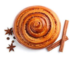 A close-up, overhead shot of a golden-brown, spiraled pastry, with cinnamon sticks, star anise, and coffee beans on white