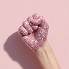 Glittering Pink Fist on Pastel Background