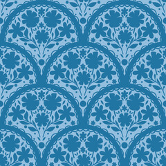 Hand Drawn Blue Floral Seamless Pattern in Folk Style