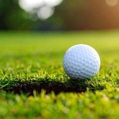 Fototapeta premium Golf ball rests on a grassy fairway