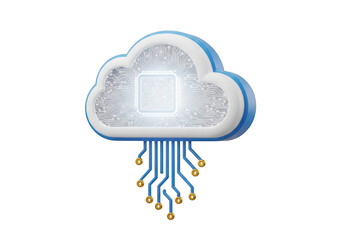 Cloud computing concept with microchip and circuit board design, symbolizing data processing and storage in the cloud, isolated on transparent background