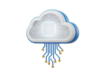 Cloud computing concept with microchip and circuit board design, symbolizing data processing and storage in the cloud, isolated on transparent background