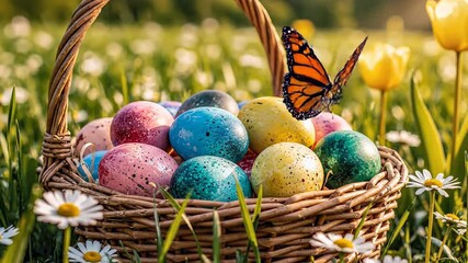 A beautiful close-up of a rustic wicker basket brimming with vibrantly colored, speckled eggs, symbolizing renewal and festivity. The basket is nestled amongst lush green grass, delicate white daisies