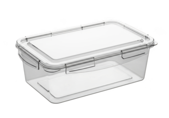 Clear plastic storage container with lid and handles for organizing and storing various items isolated on transparent background