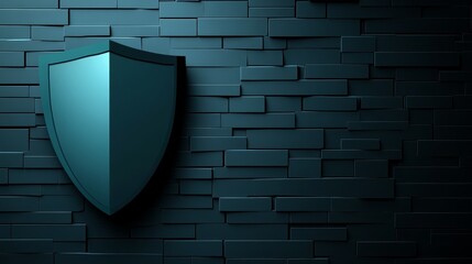 Imposing black shield emblem affixed to weathered red brick wall texture medieval protection symbol for digital media.