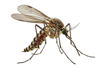 Fototapeta premium Detailed view of a mosquito with distinctive markings and outstretched wings, feeding on a host, isolated on transparent background