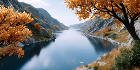 Fototapeta premium Autumn mountain gorge river landscape with vibrant fall trees