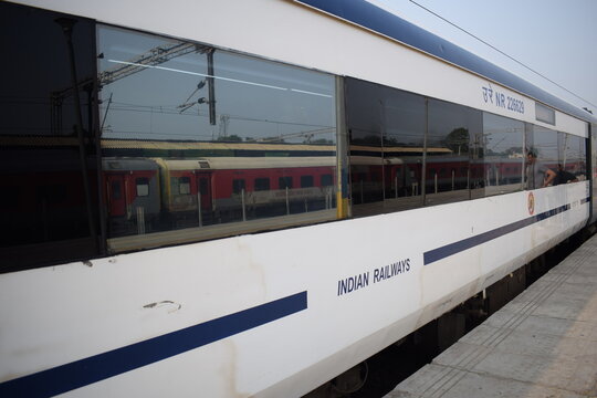Amritsar, India, Aug 15 2025 - Vande Bharat Express train going from Amritsar towards Delhi from Amritsar railway station, Vande Bharat fastest Train of India
