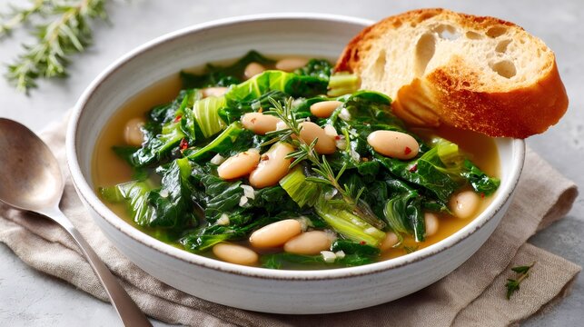 Hearty white bean and kale soup with bread