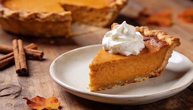 Delicious pumpkin pie slice with whipped cream topping and cinnamon sticks, perfect fall dessert, autumn.