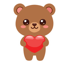 Fototapeta premium cute, teddy bear, heart, love, valentine's day, vector, illustration, cartoon, adorable, brown bear, character, animal, romance, sweet, gift, friendship, greeting card, isolated, flat design, mascot, 