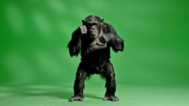 Majestic chimpanzee standing against green background