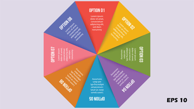 8 Step Octagon Business Infographic. Colorful Radial Segmented Chart with Numbered Options 01 to 08. Modern Vector Template for Circular Process Flow and Strategic Planning