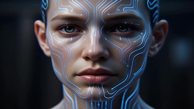 Close-up portrait of a young person's face with intricate glowing blue digital circuit patterns overlaid on their skin, symbolizing artificial intelligence and technology integration