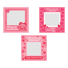Happy Valentine's Day colorful photo frame and backgrounds with pink hearts and love quotes.Will you be my Valentine printable photo template. photo booth props with vector set.