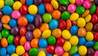 A close-up, overhead shot of a vibrant, scattered collection of coated candies in multiple bright hues, creating a visually appealing pattern