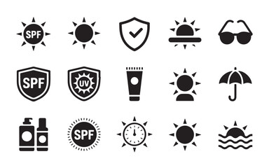 A collection of black and white minimalist icons representing sun protection and skincare products displayed on a white background.