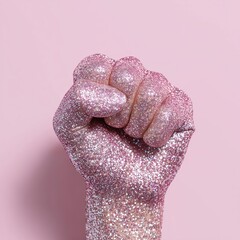 Glittering Pink Fist on Pastel Background