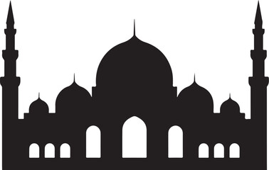Black and white silhouette of mosque with domes and minarets