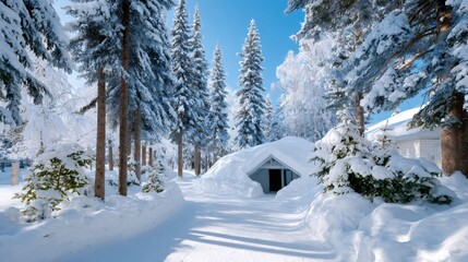 Snow covered igloo entrance in winter forest landscape