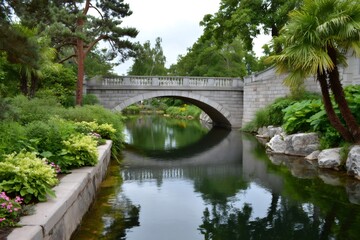Stone bridge arching over calm canal water in lush park