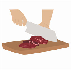 hand cutting meat with knife