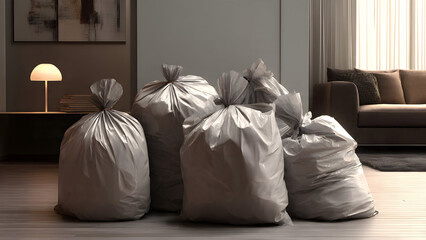 Modern Apartment Cleanout with Symmetrical Trash Bag Arrangement