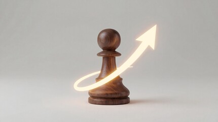 A wooden chess pawn with a glowing arrow indicating growth and progress