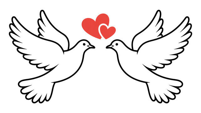 Two doves with hearts in simple line art style with red and white colors on plain background for wedding invitation