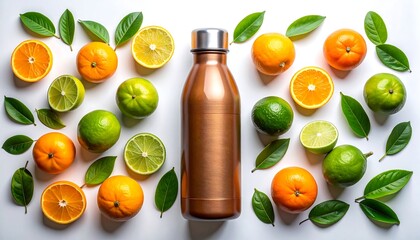 A close-up, overhead view of a copper-colored water bottle surrounded by fresh citrus fruit and green leaves