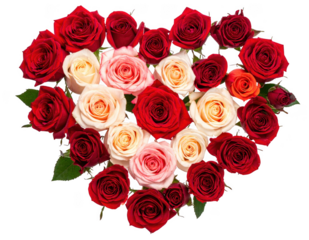Simple flat lay heart of roses, isolated on white and transparent