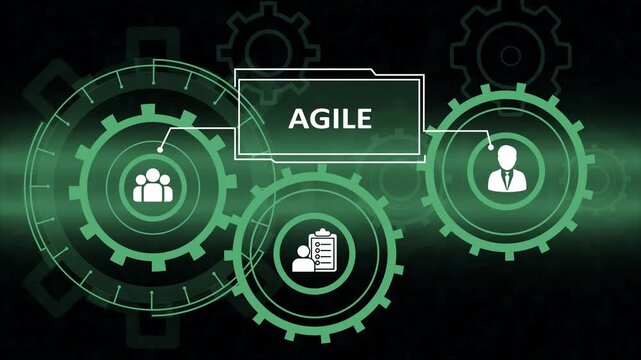 Futuristic digital illustration representing Agile project management methodology. Glowing green gears interlock with icons for teamwork, leadership, and planning, centered around the word Agile on a 