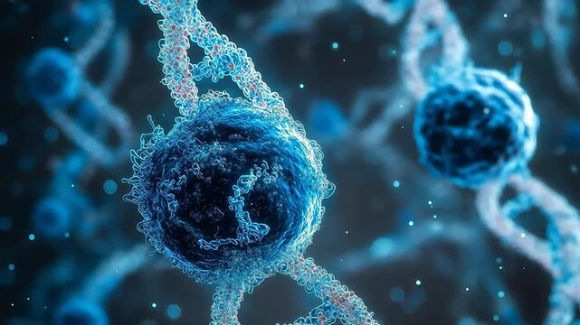 Blue DNA strands and cell structures