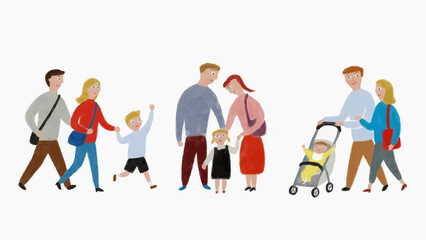 手描きイラスト　幼い子供のいる家族