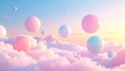 Pastel-colored orbs float among fluffy clouds in a dreamy sky