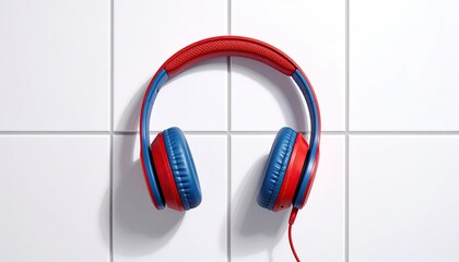 Red and blue headphones resting on a white, tiled surface