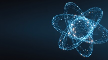 An abstract rendering of an atom, showcasing the intricate structure of atomic particles suspended within a dark, photorealistic atmosphere. ..Created with Generative AI, not depicting real subjects.