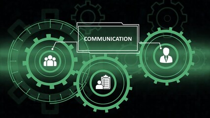 A futuristic digital HUD interface displaying a communication concept featuring rotating green gears, icons representing people and checklists, and connecting lines symbolizing efficient business work