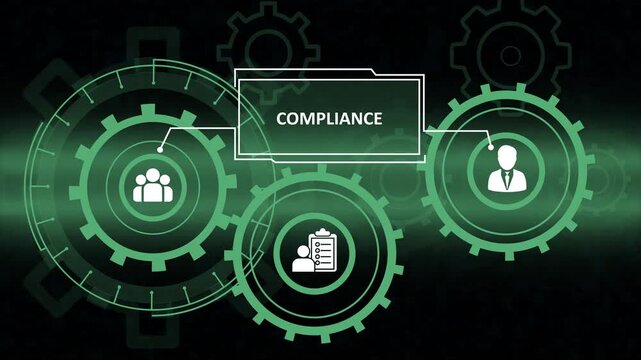 Abstract digital illustration representing business compliance. Glowing green gears interlock with icons of people, checklists, and management, connected to a central compliance label in a futuristic 