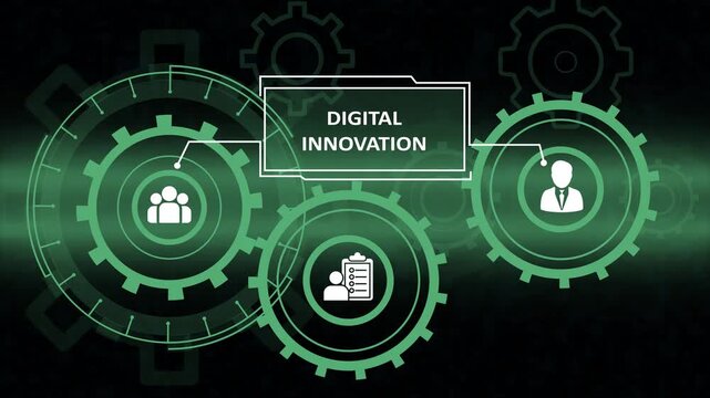 Abstract motion graphic showing green interlocking gears with business icons and the text 'DIGITAL INNOVATION' representing modern technology, teamwork, and corporate strategy.